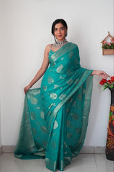 Designer  Ready To Wear Copper Jari Teal Blue Color Saree